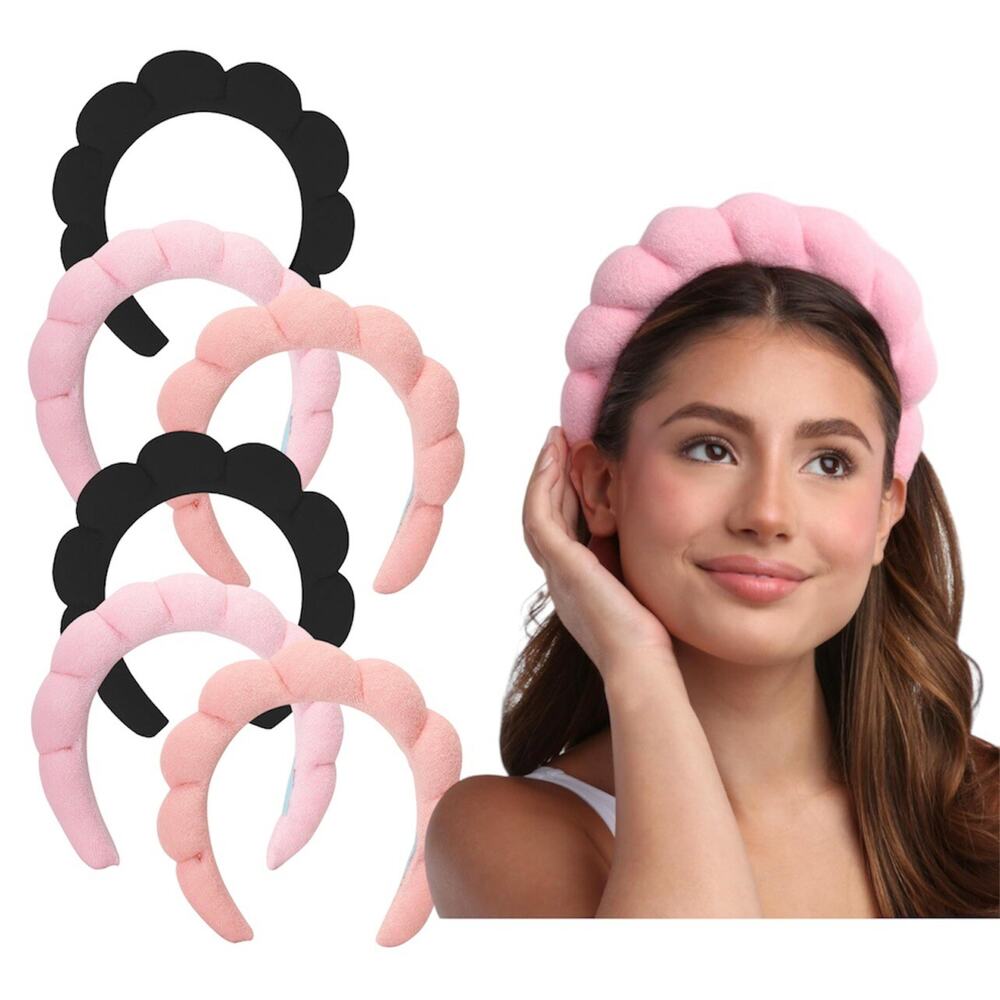 6-pack Spa‎ Headbands for Women Ladies Puffy Makeup Headband 3 Colors Pink Black